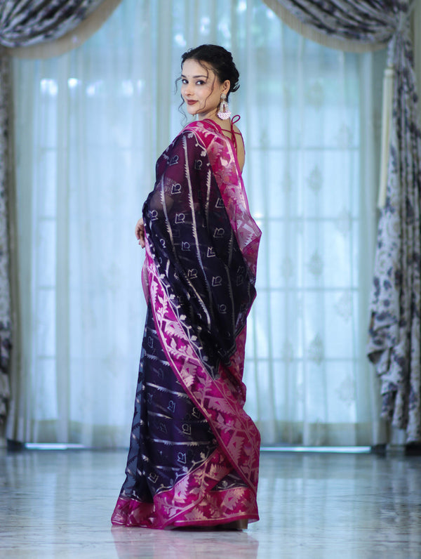Banarasee Organza Mix Saree With Zari Work & Contrast Border-Blue & Magenta
