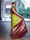 Banarasee Handloom Pure Chiniya Silk Saree With Sona Rupa Zari Work & Contrast Floral Border-Green & Maroon