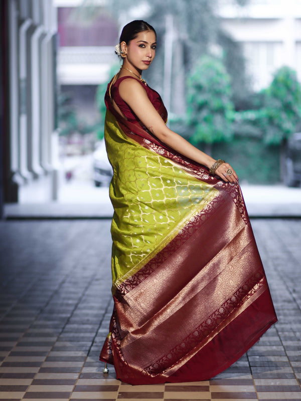 Banarasee Handloom Pure Chiniya Silk Saree With Sona Rupa Zari Work & Contrast Floral Border-Green & Maroon