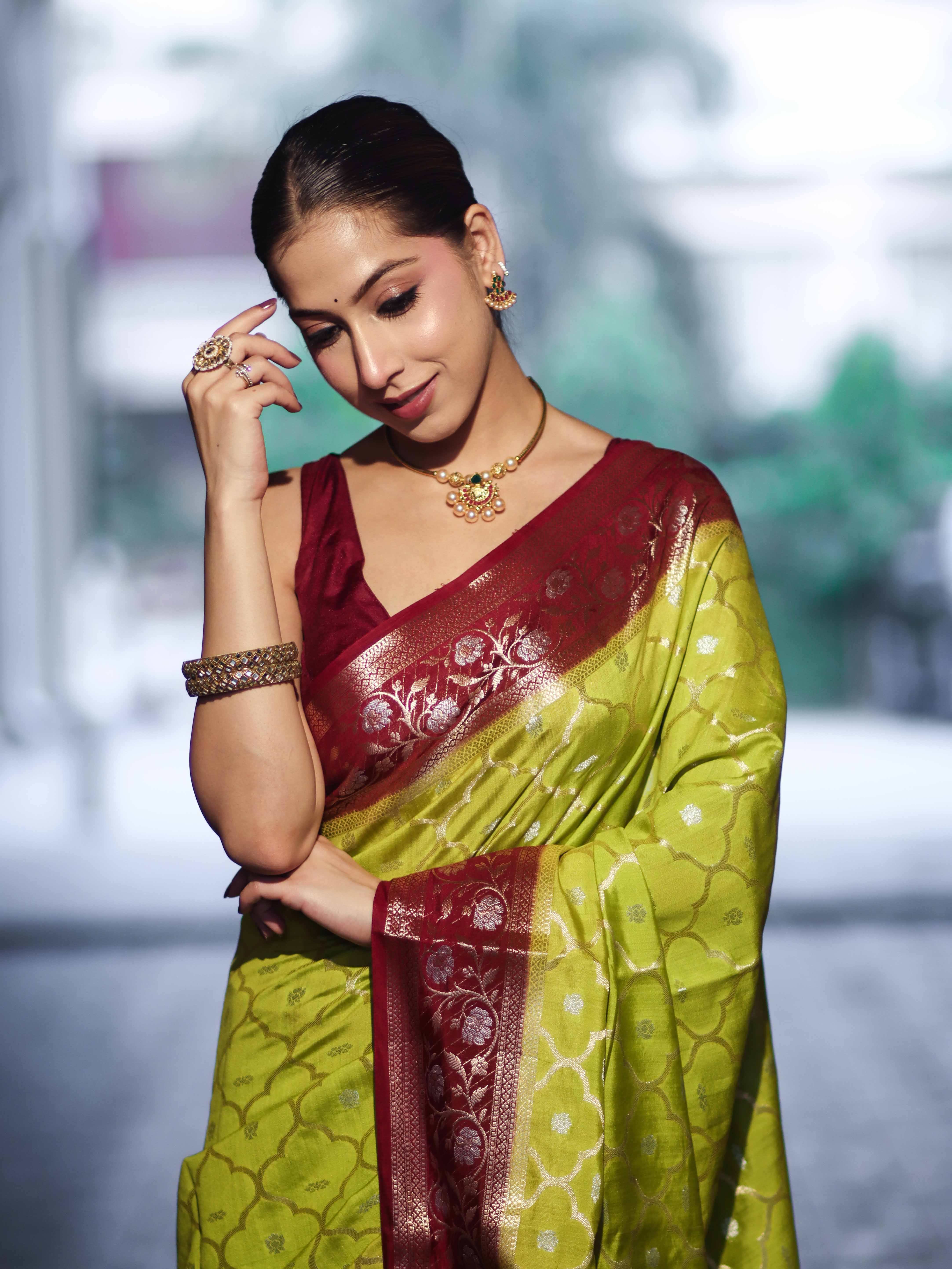Banarasee Handloom Pure Chiniya Silk Saree With Sona Rupa Zari Work & Contrast Floral Border-Green & Maroon