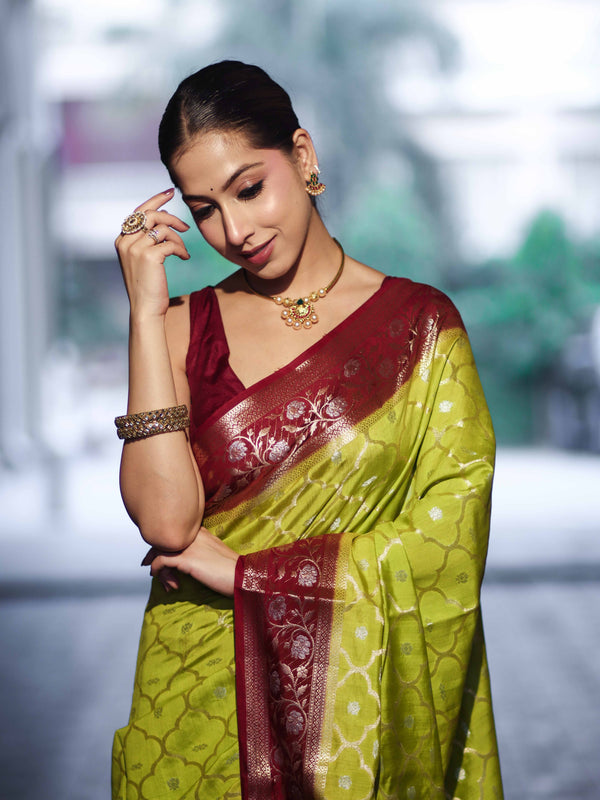 Banarasee Handloom Pure Chiniya Silk Saree With Sona Rupa Zari Work & Contrast Floral Border-Green & Maroon