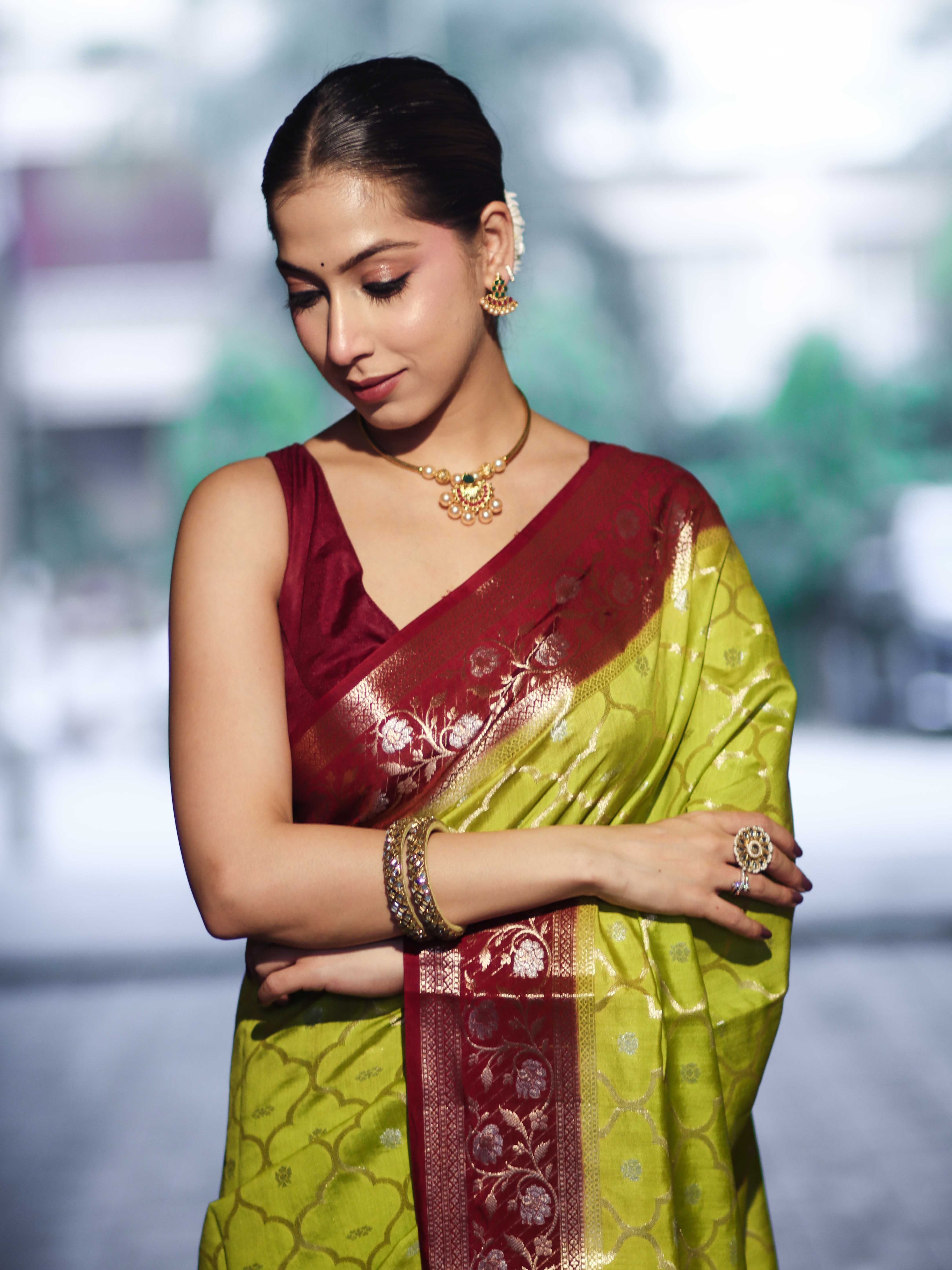 Banarasee Handloom Pure Chiniya Silk Saree With Sona Rupa Zari Work & Contrast Floral Border-Green & Maroon
