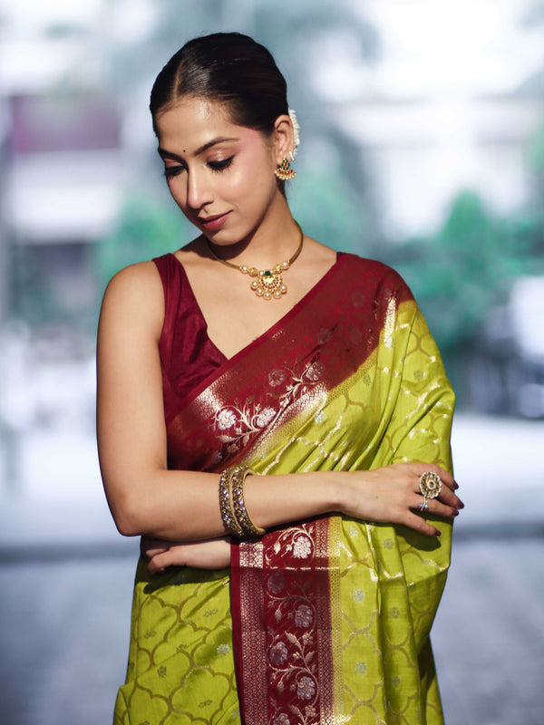 Banarasee Handloom Pure Chiniya Silk Saree With Sona Rupa Zari Work & Contrast Floral Border-Green & Maroon
