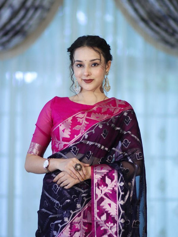 Banarasee Organza Mix Saree With Zari Work & Contrast Border-Blue & Magenta