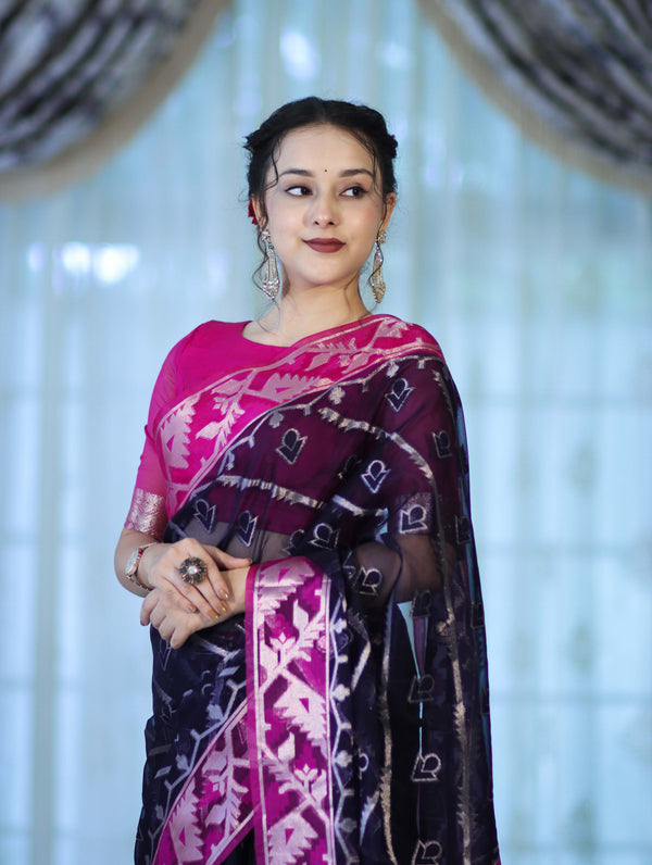 Banarasee Organza Mix Saree With Zari Work & Contrast Border-Blue & Magenta