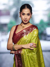 Banarasee Handloom Pure Chiniya Silk Saree With Sona Rupa Zari Work & Contrast Floral Border-Green & Maroon