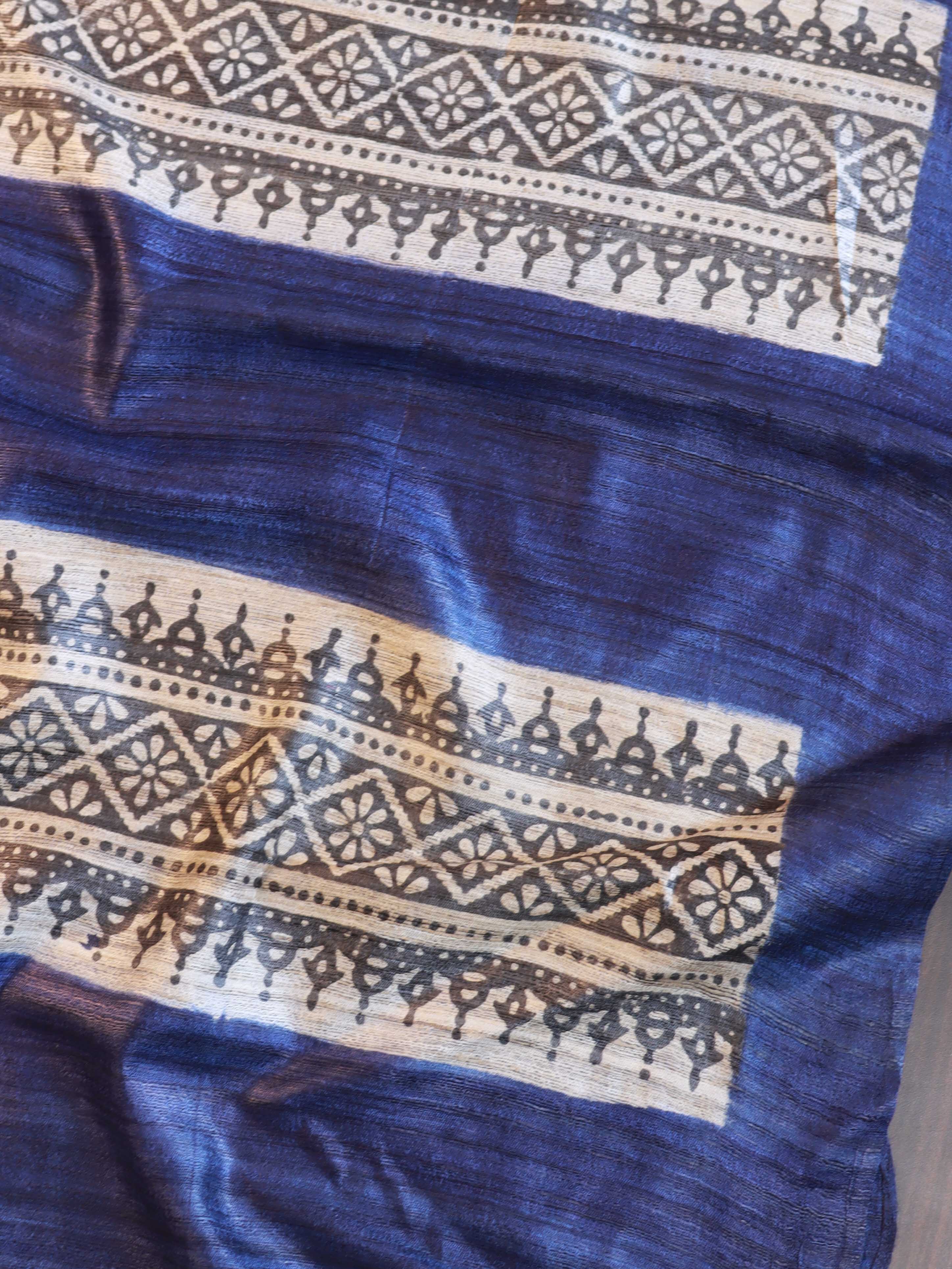 Bhagalpur Pure Handloom Tussar Silk Saree With Block Print Design-Blue & Beige