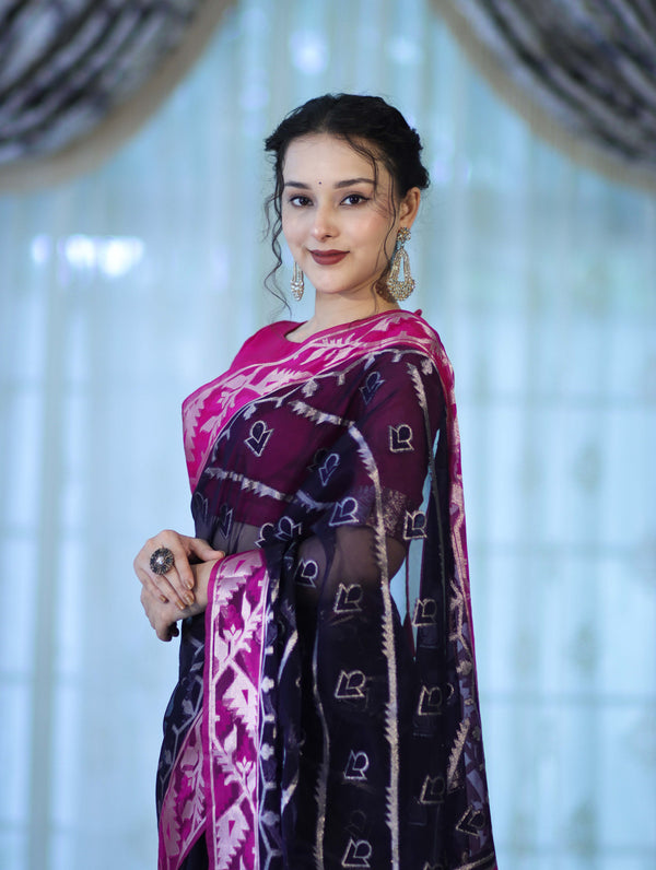 Banarasee Organza Mix Saree With Zari Work & Contrast Border-Blue & Magenta