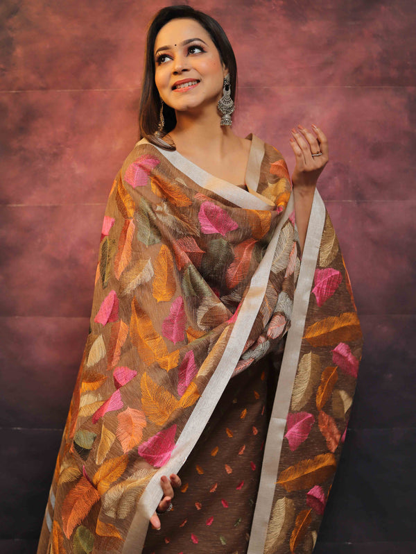 Banarasee Embroidered Linen Cotton Salwar Kameez With Dupatta-Brown
