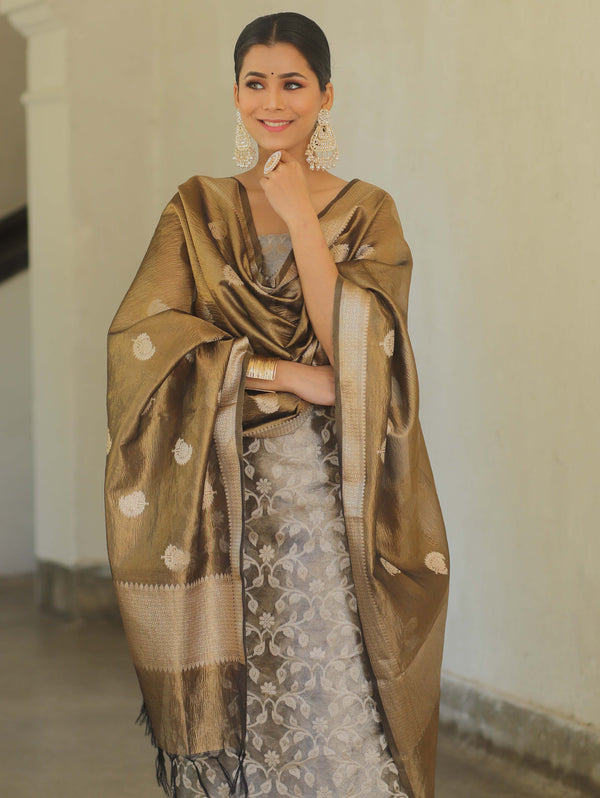 Banarasee Tissue Silk Salwar Kameez Fabric With Duaptta-Black & Gold