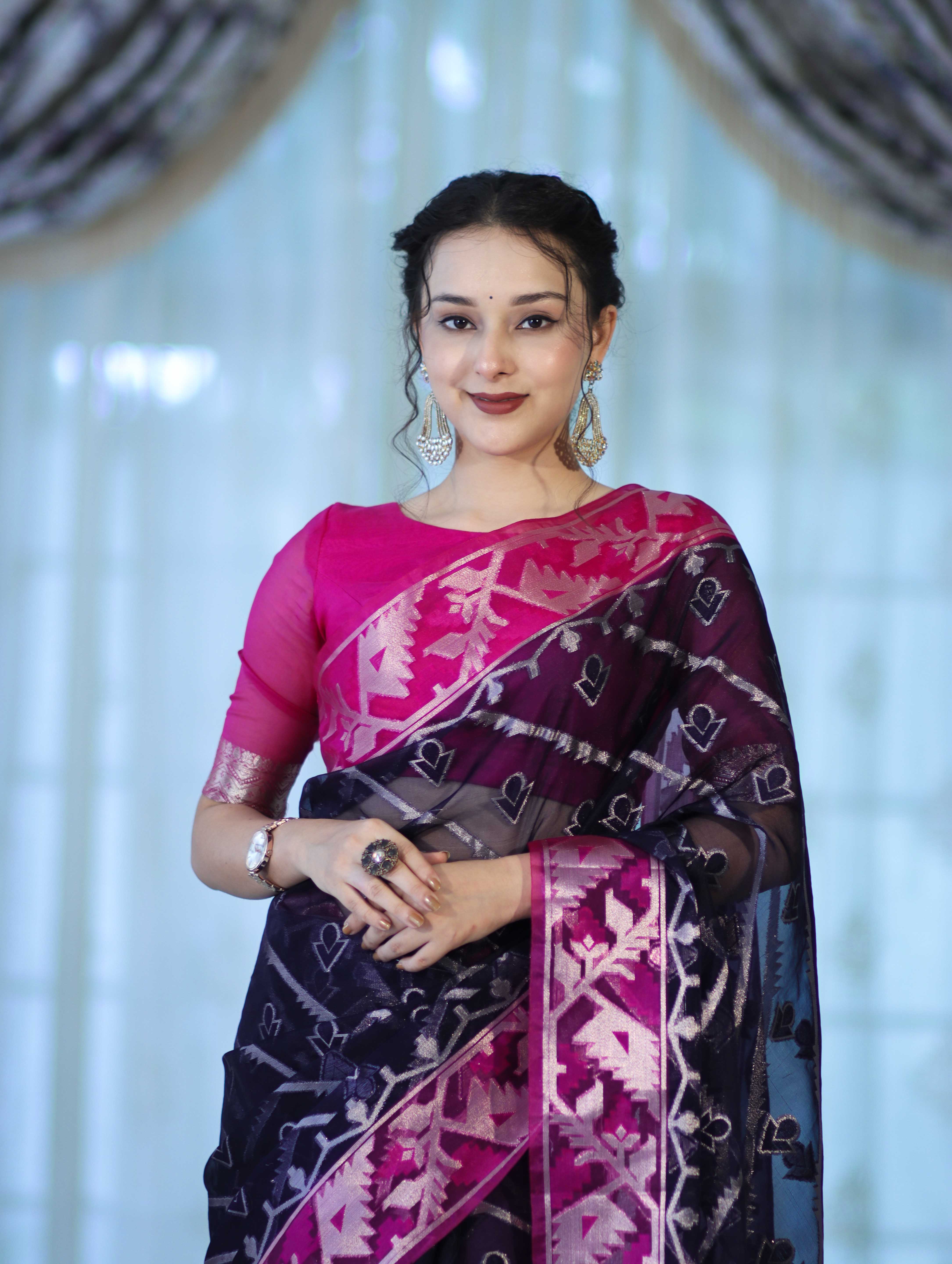 Banarasee Organza Mix Saree With Zari Work & Contrast Border-Blue & Magenta