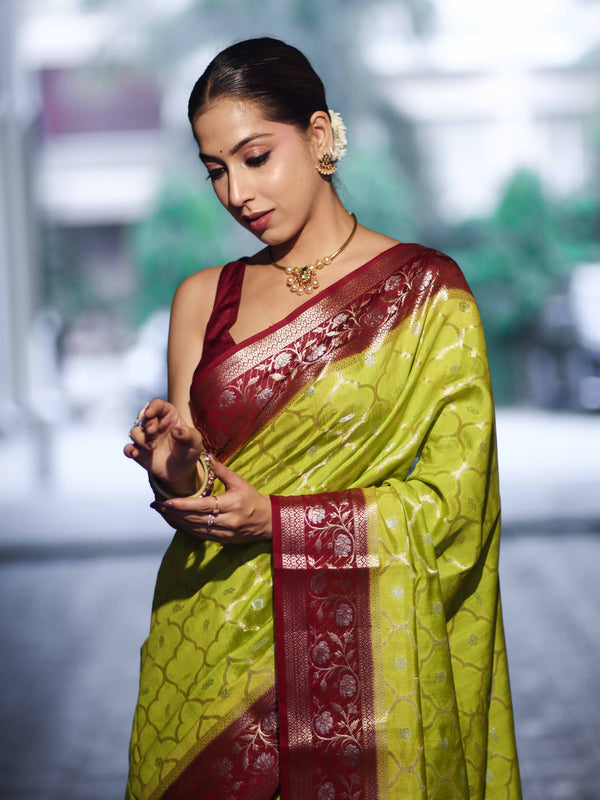 Banarasee Handloom Pure Chiniya Silk Saree With Sona Rupa Zari Work & Contrast Floral Border-Green & Maroon