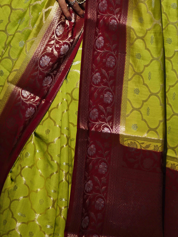 Banarasee Handloom Pure Chiniya Silk Saree With Sona Rupa Zari Work & Contrast Floral Border-Green & Maroon