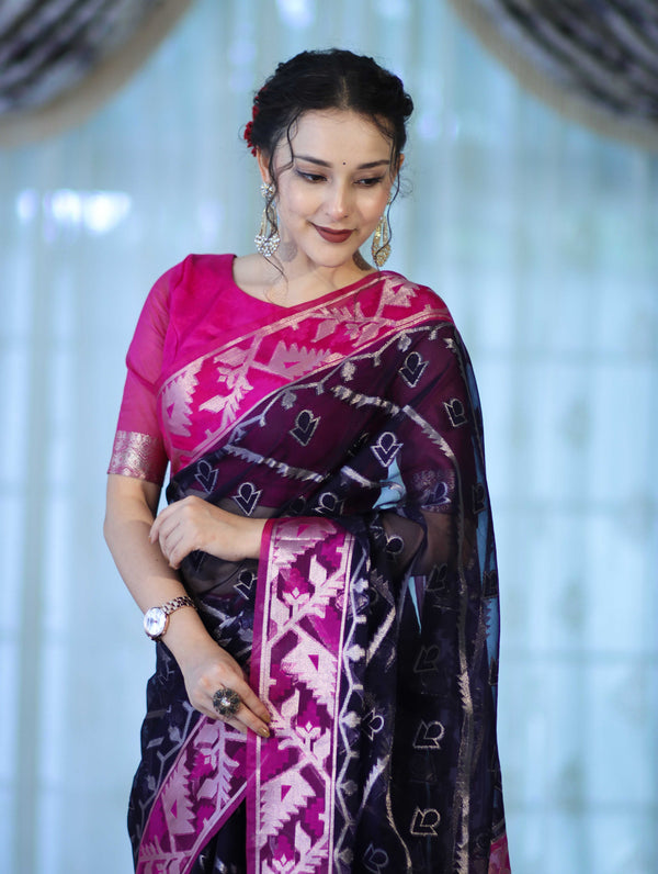 Banarasee Organza Mix Saree With Zari Work & Contrast Border-Blue & Magenta
