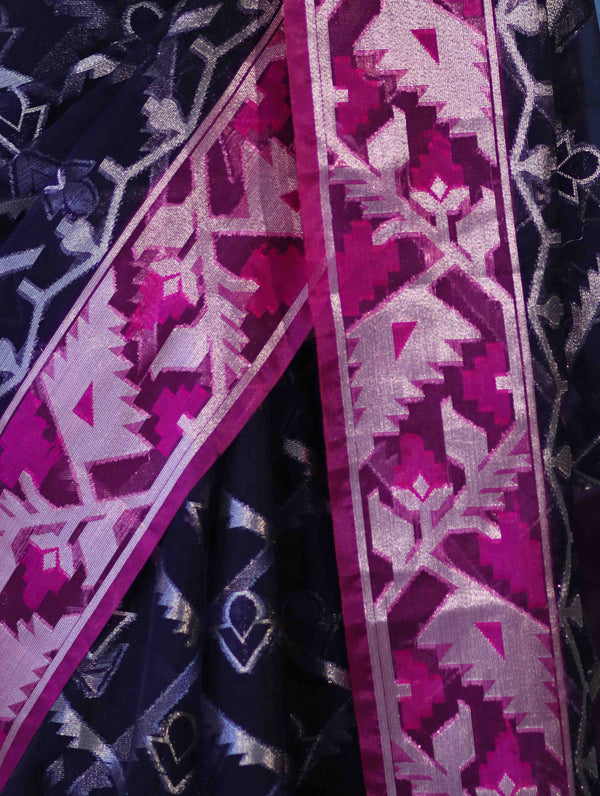 Banarasee Organza Mix Saree With Zari Work & Contrast Border-Blue & Magenta