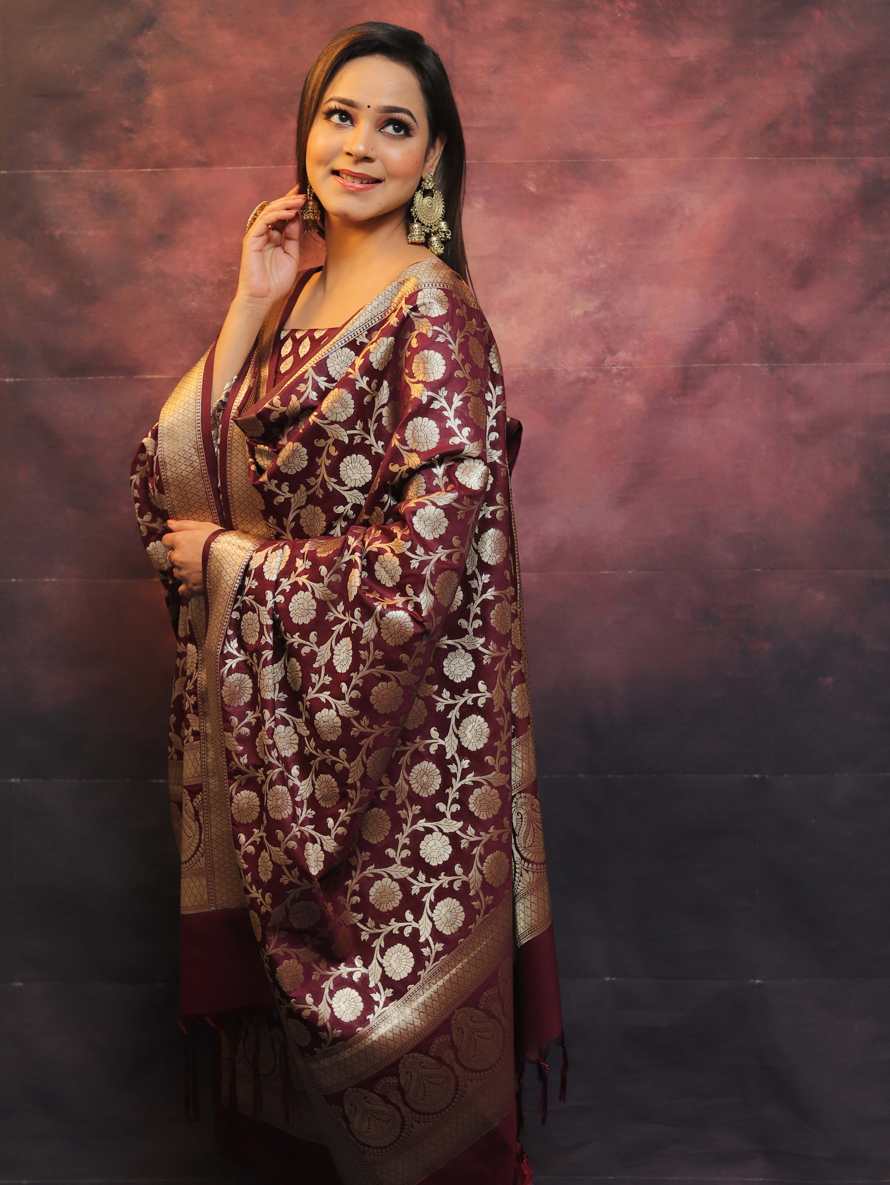 Banarasee Salwar Kameez Semi Katan Silk Fabric With Zari Work-Wine