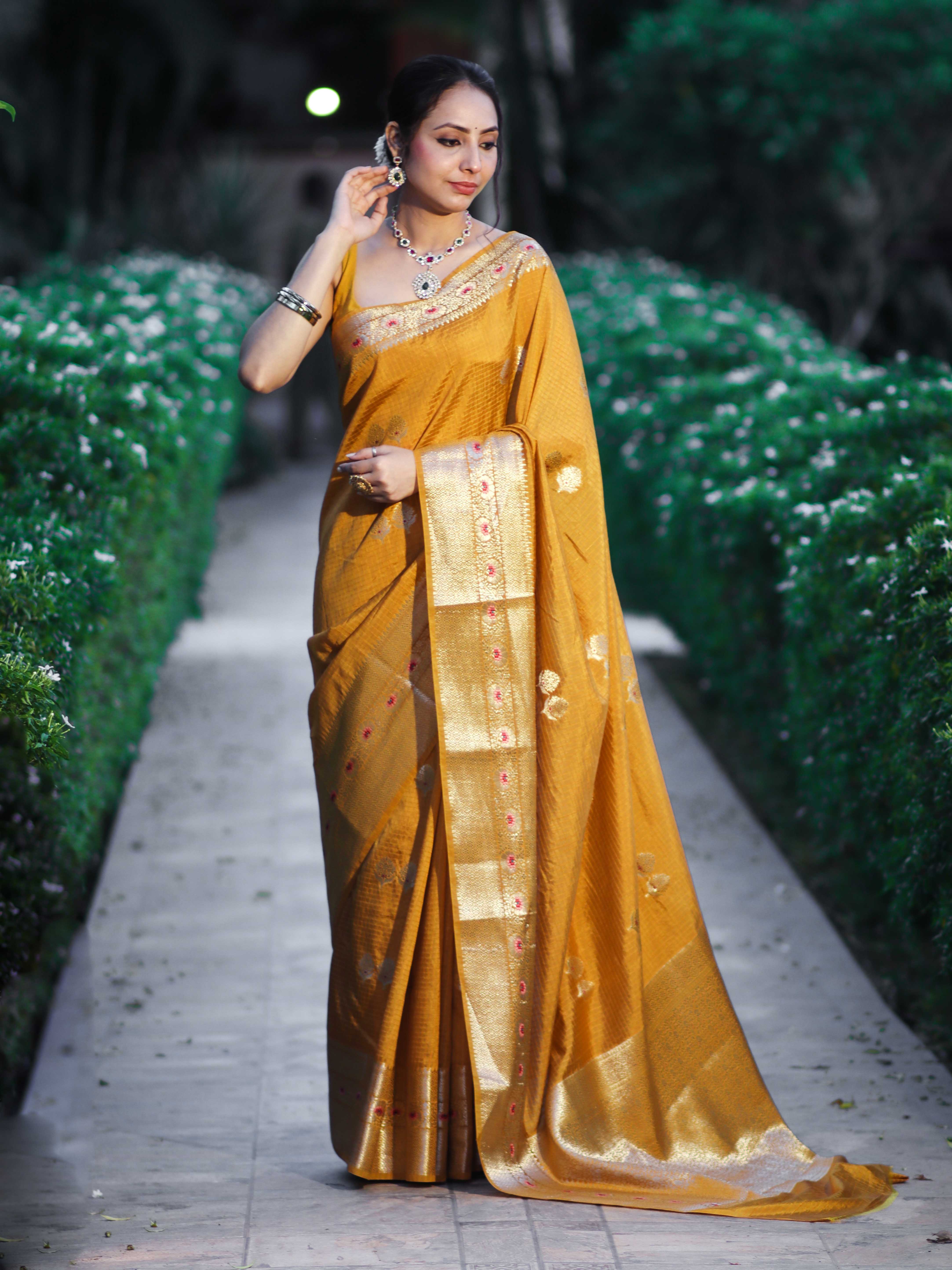 Banarasee Handloom Semi Dupion Silk Saree With Check Pattern Floral Buta Design & Border-Mustard Yellow