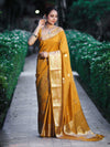 Banarasee Handloom Semi Dupion Silk Saree With Check Pattern Floral Buta Design & Border-Mustard Yellow