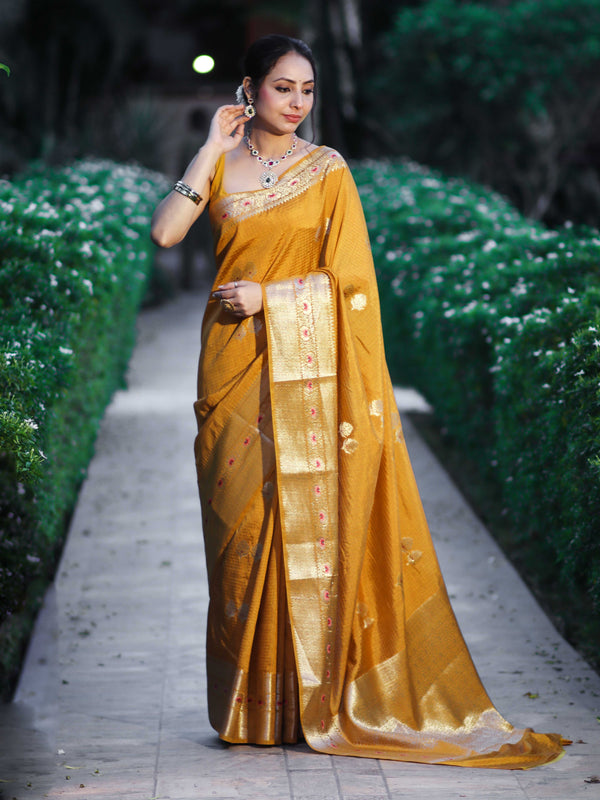 Banarasee Handloom Semi Dupion Silk Saree With Check Pattern Floral Buta Design & Border-Mustard Yellow