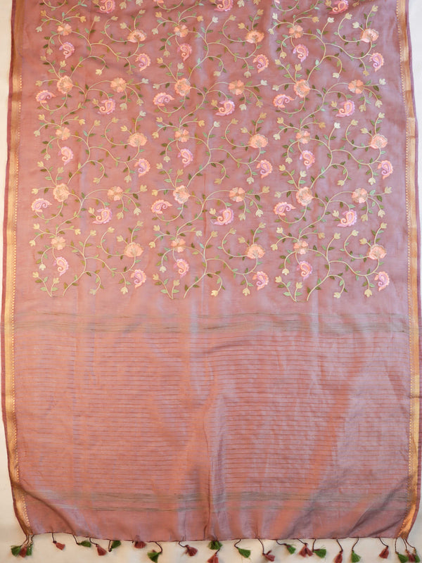 Bhagalpur Handloom Pure Linen By Mulberry Silk Saree With Embroidered Design-Mauve
