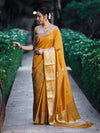 Banarasee Handloom Semi Dupion Silk Saree With Check Pattern Floral Buta Design & Border-Mustard Yellow