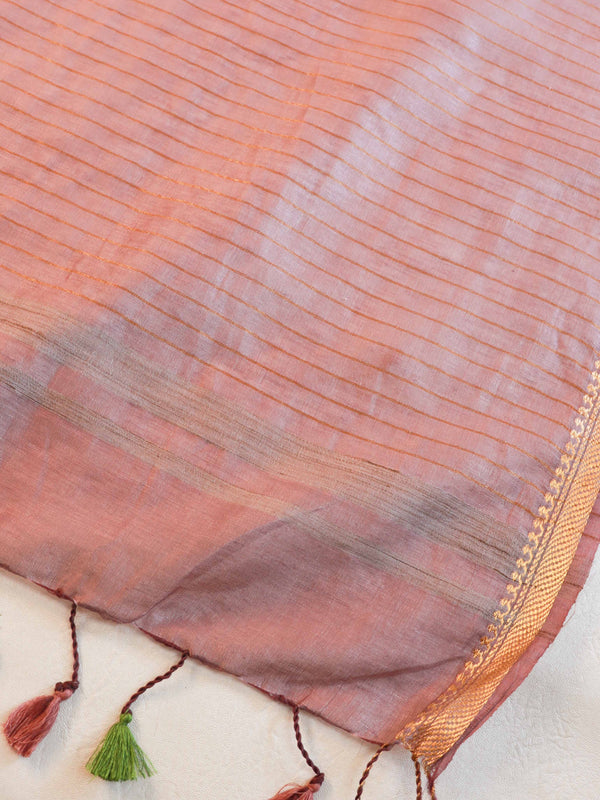 Bhagalpur Handloom Pure Linen By Mulberry Silk Saree With Embroidered Design-Mauve
