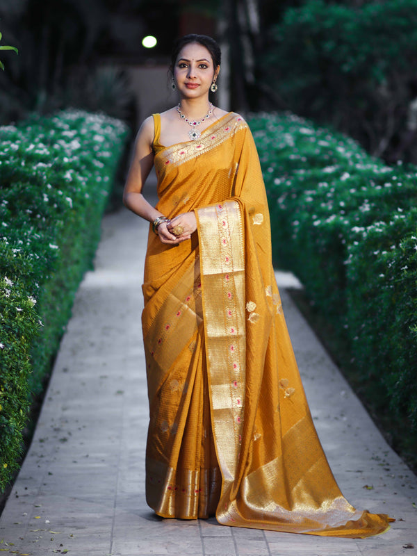 Banarasee Handloom Semi Dupion Silk Saree With Check Pattern Floral Buta Design & Border-Mustard Yellow