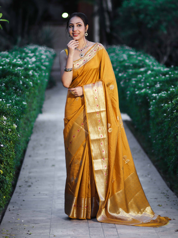 Banarasee Handloom Semi Dupion Silk Saree With Check Pattern Floral Buta Design & Border-Mustard Yellow