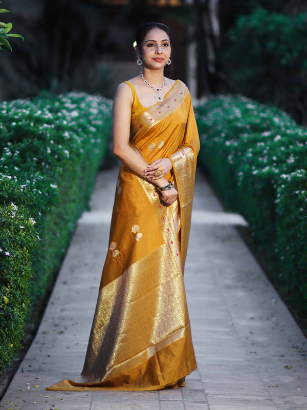 Banarasee Handloom Semi Dupion Silk Saree With Check Pattern Floral Buta Design & Border-Mustard Yellow