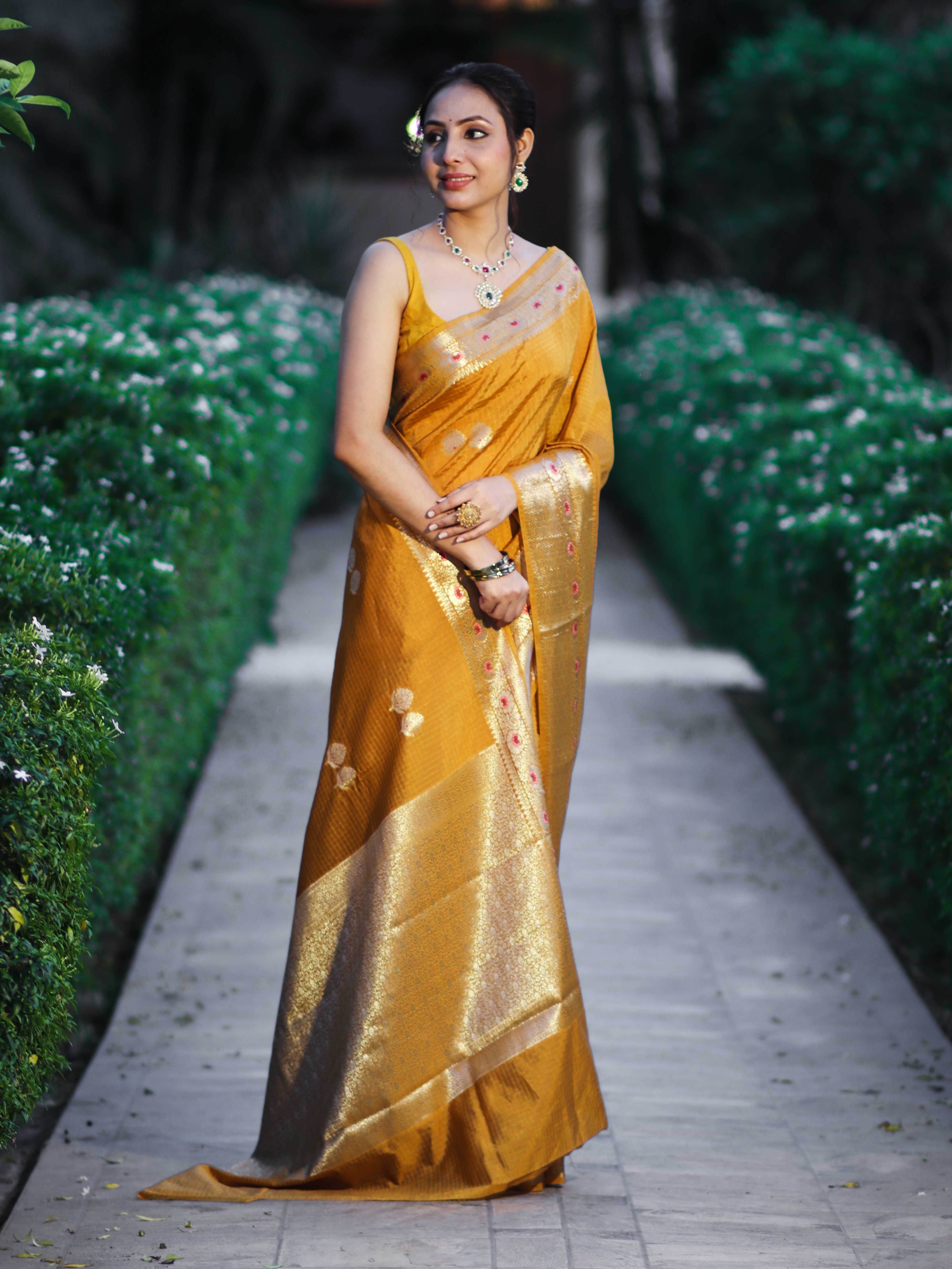 Banarasee Handloom Semi Dupion Silk Saree With Check Pattern Floral Buta Design & Border-Mustard Yellow