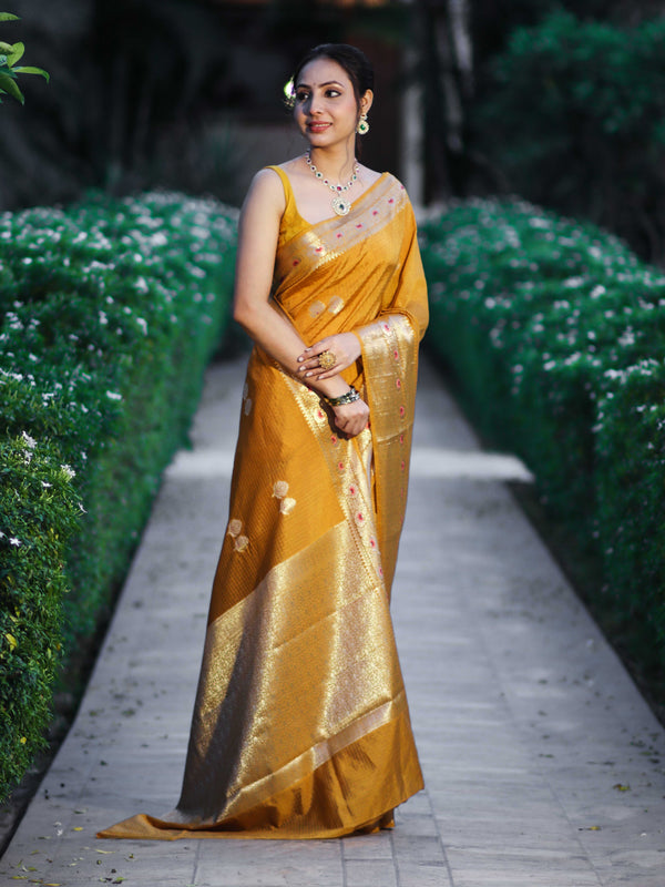 Banarasee Handloom Semi Dupion Silk Saree With Check Pattern Floral Buta Design & Border-Mustard Yellow