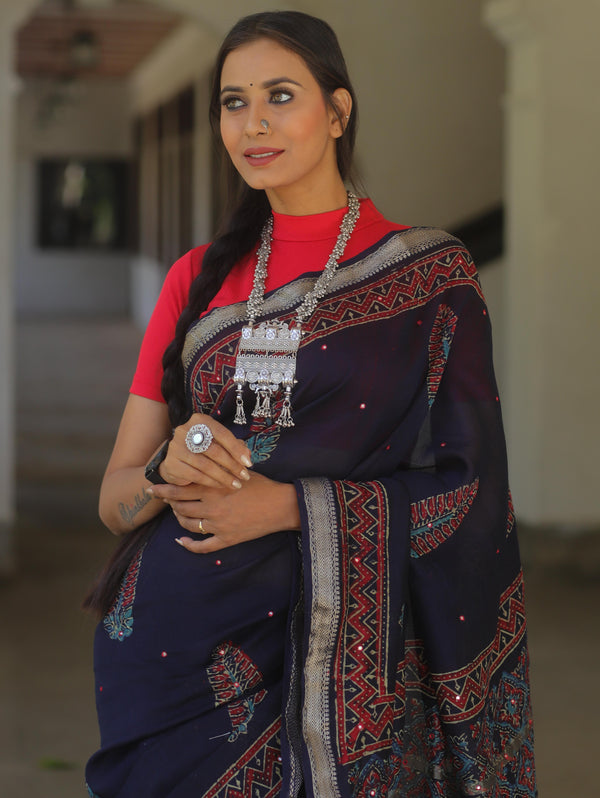 Handloom Maheshwari Silk Bagru Block Printed Mirror Work Saree-Blue
