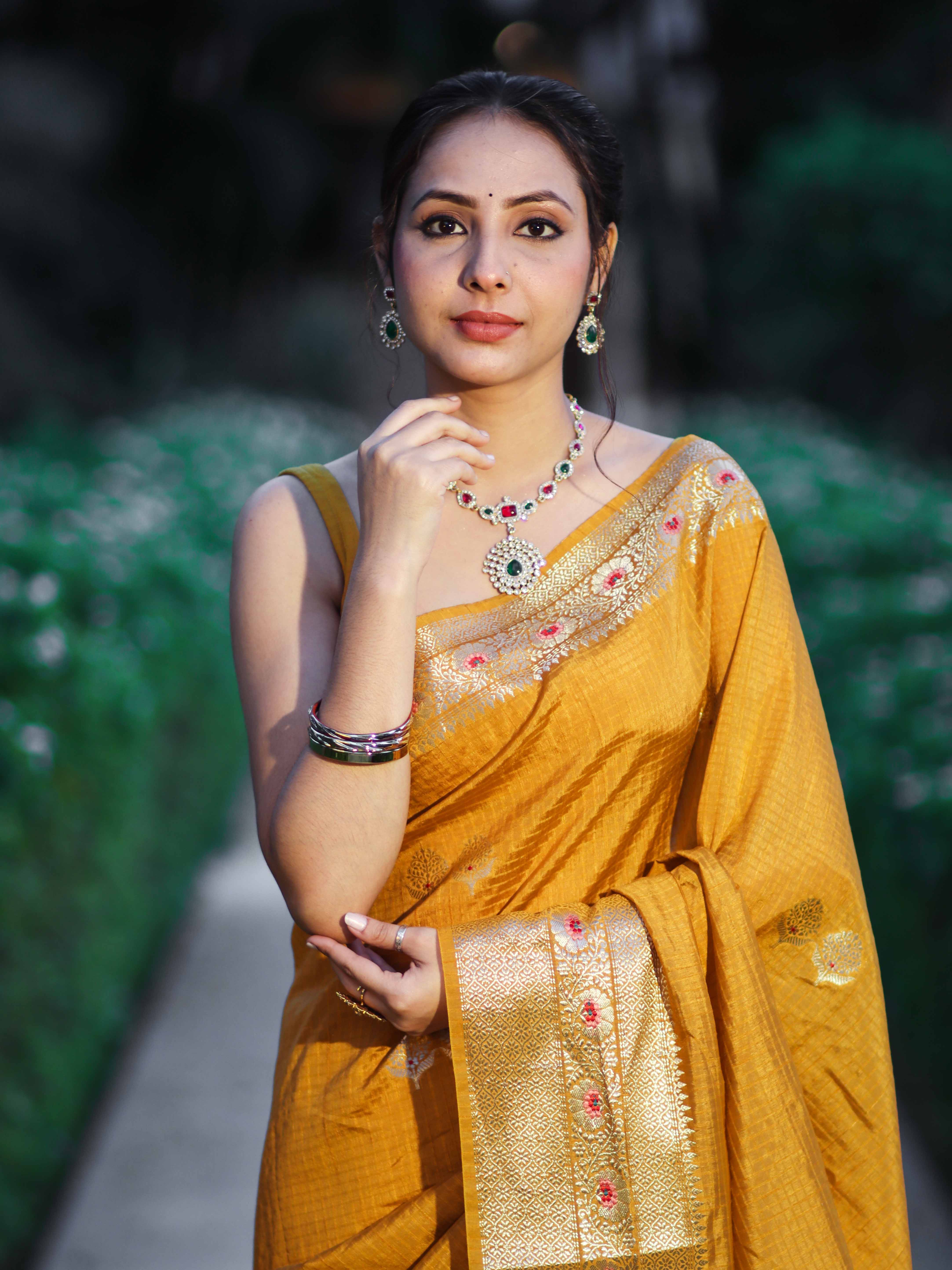 Banarasee Handloom Semi Dupion Silk Saree With Check Pattern Floral Buta Design & Border-Mustard Yellow
