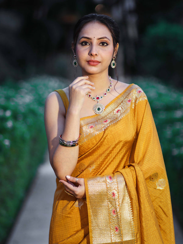 Banarasee Handloom Semi Dupion Silk Saree With Check Pattern Floral Buta Design & Border-Mustard Yellow