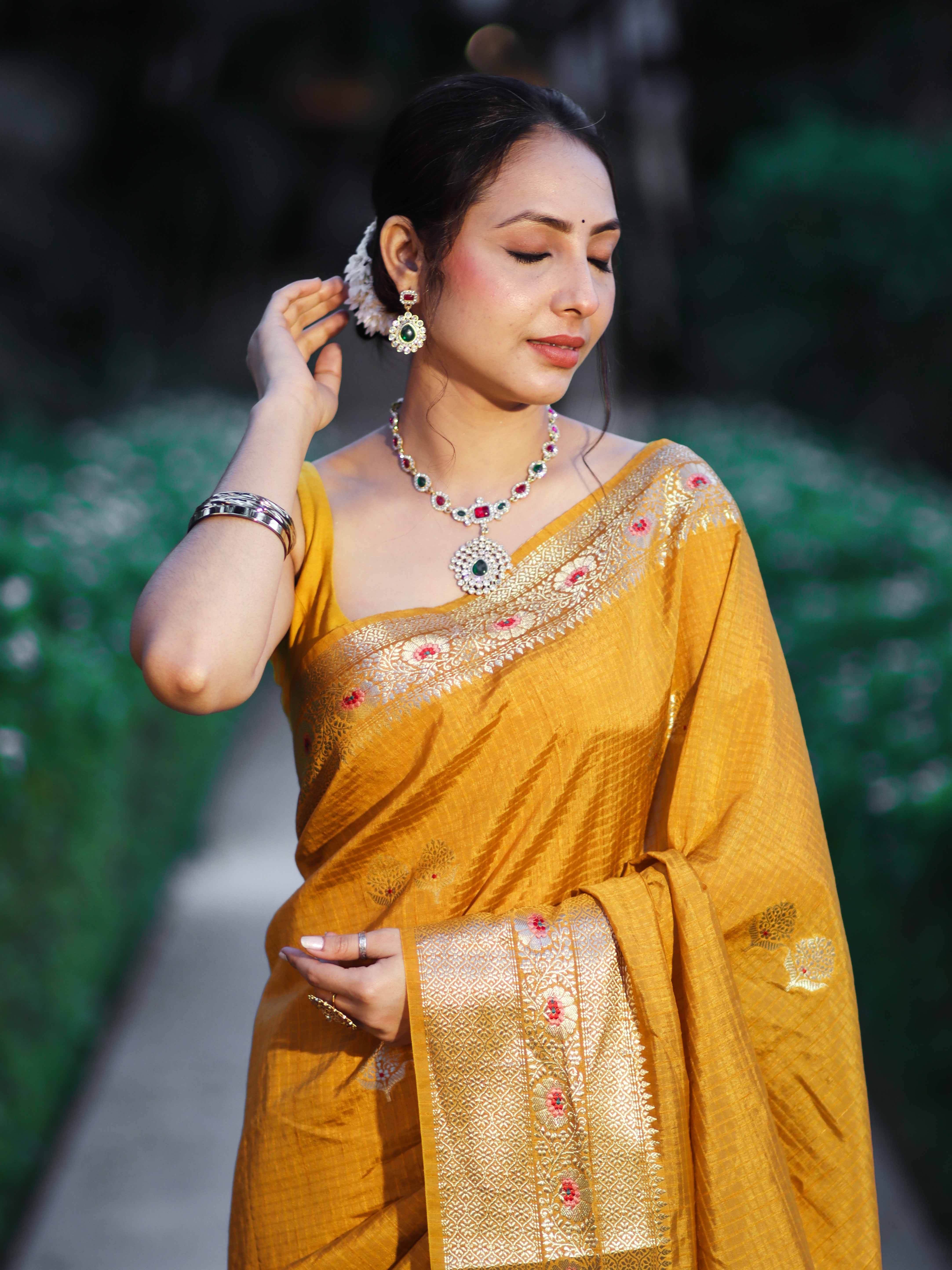 Banarasee Handloom Semi Dupion Silk Saree With Check Pattern Floral Buta Design & Border-Mustard Yellow