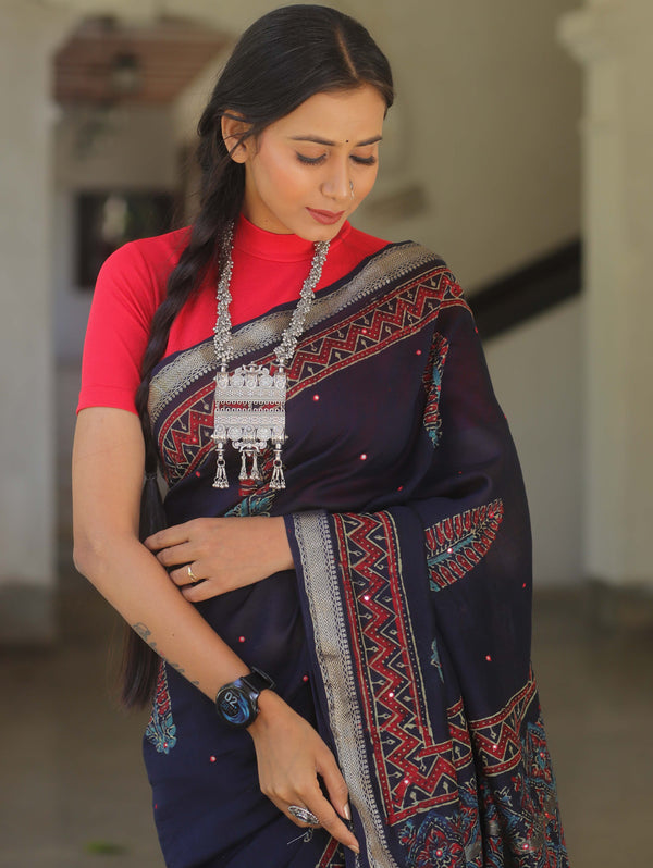 Handloom Maheshwari Silk Bagru Block Printed Mirror Work Saree-Blue