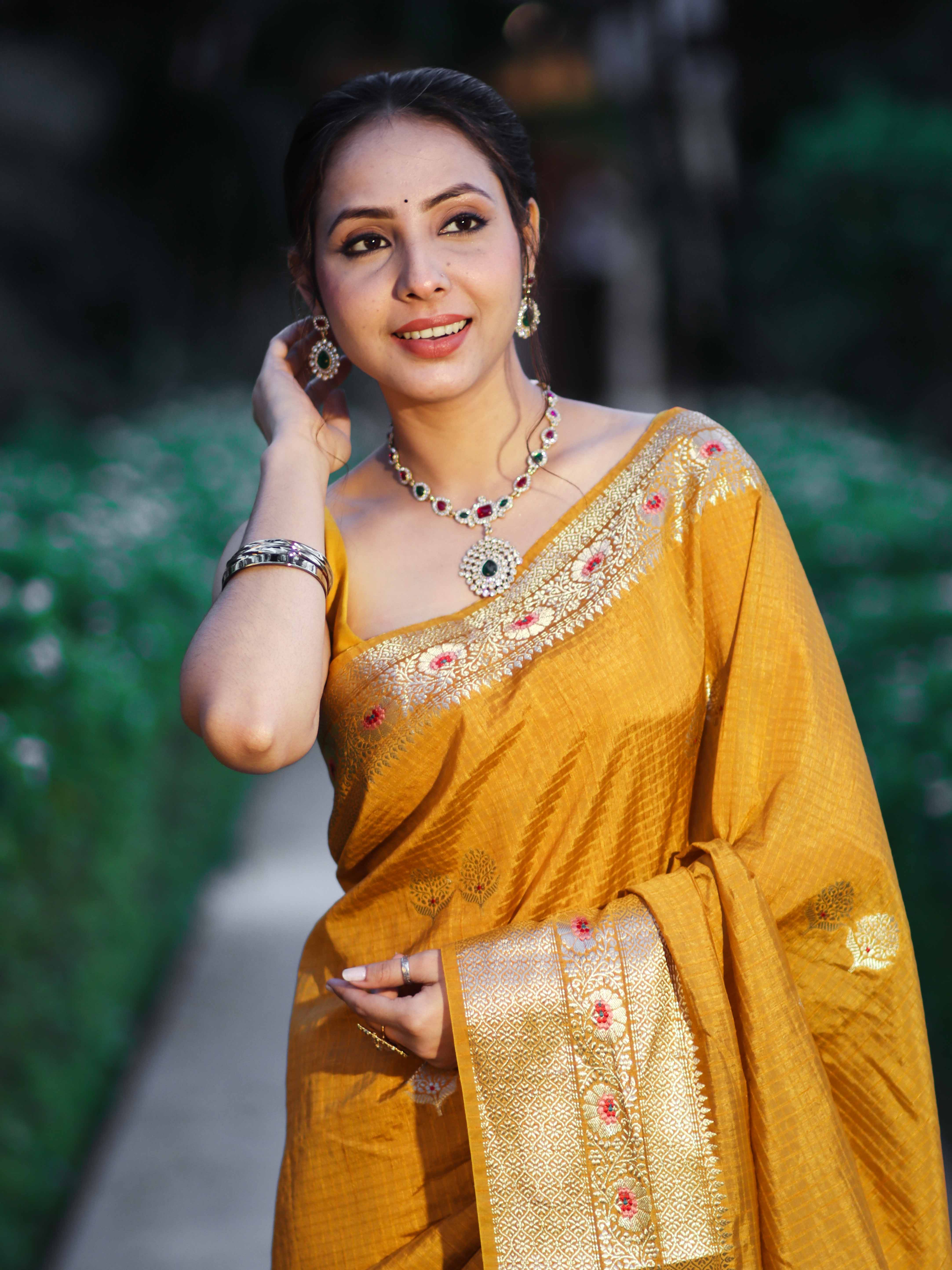 Banarasee Handloom Semi Dupion Silk Saree With Check Pattern Floral Buta Design & Border-Mustard Yellow