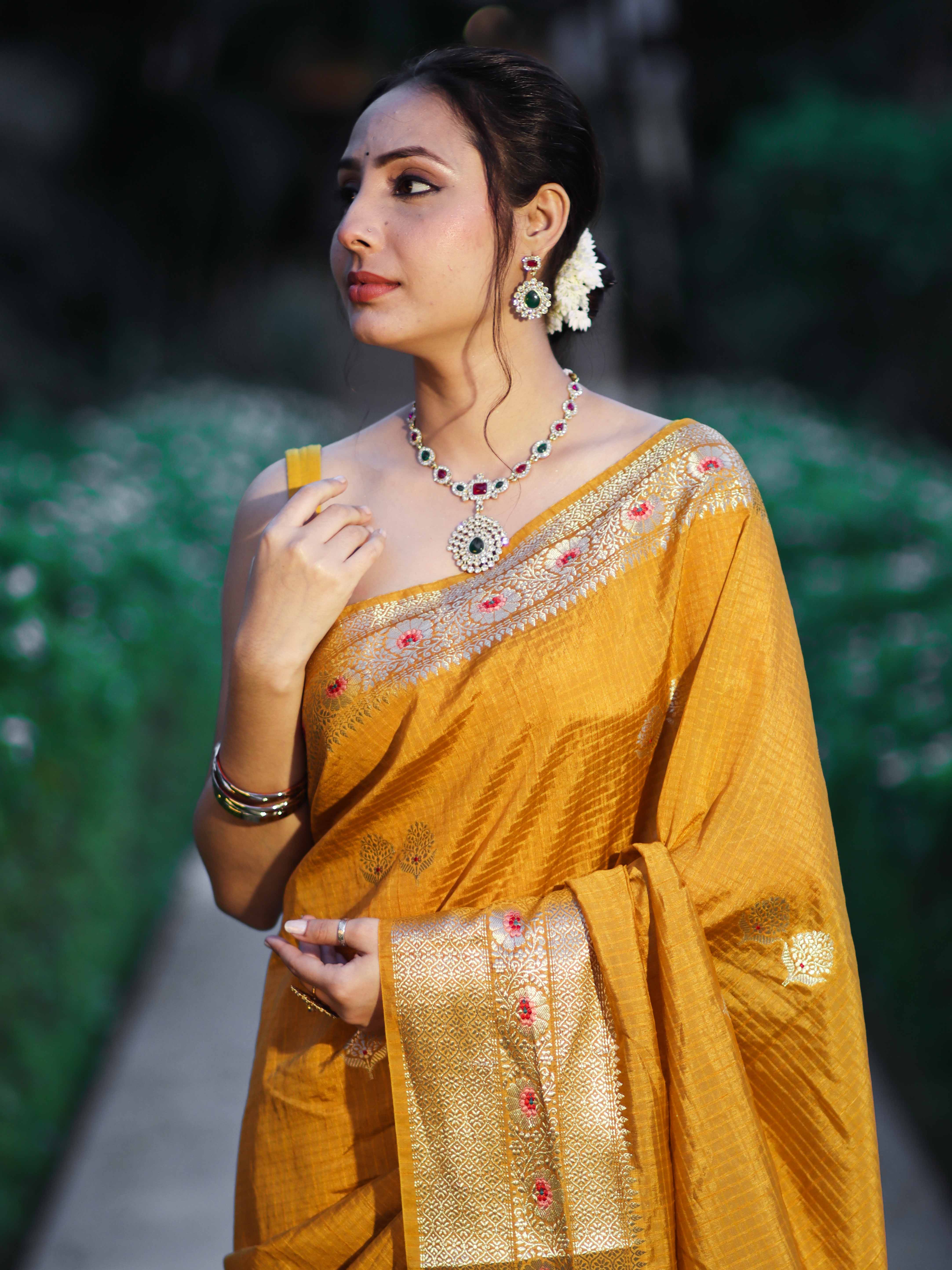 Banarasee Handloom Semi Dupion Silk Saree With Check Pattern Floral Buta Design & Border-Mustard Yellow