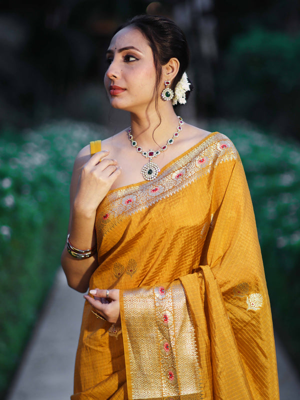 Banarasee Handloom Semi Dupion Silk Saree With Check Pattern Floral Buta Design & Border-Mustard Yellow