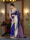 Banarasee Handloom Plain Tissue Saree With Resham Woven Pallu & Lace Border-Blue