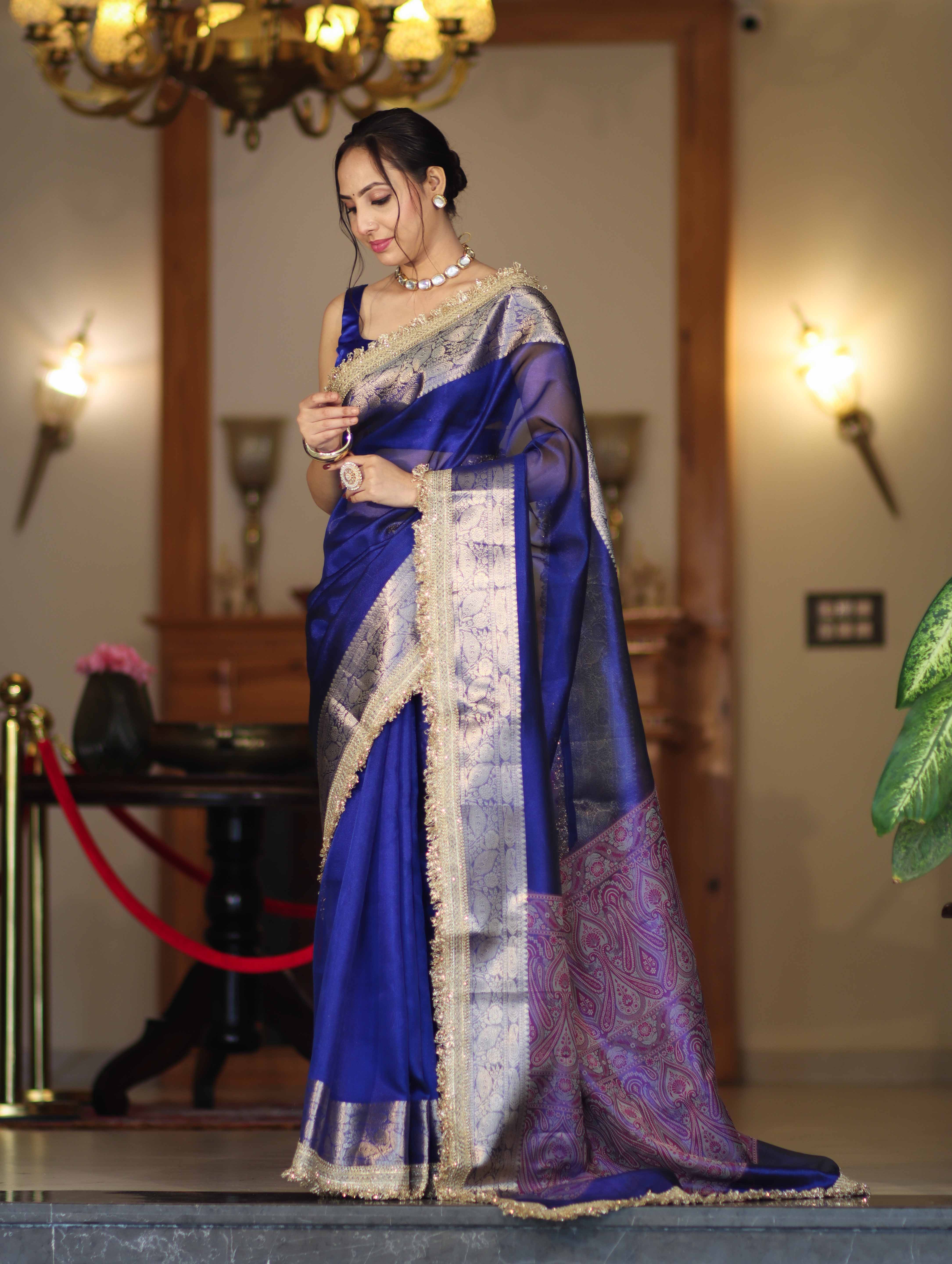 Banarasee Handloom Plain Tissue Saree With Resham Woven Pallu & Lace Border-Blue