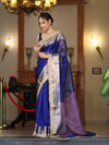 Banarasee Handloom Plain Tissue Saree With Resham Woven Pallu & Lace Border-Blue