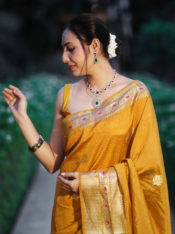 Banarasee Handloom Semi Dupion Silk Saree With Check Pattern Floral Buta Design & Border-Mustard Yellow