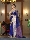 Banarasee Handloom Plain Tissue Saree With Resham Woven Pallu & Lace Border-Blue