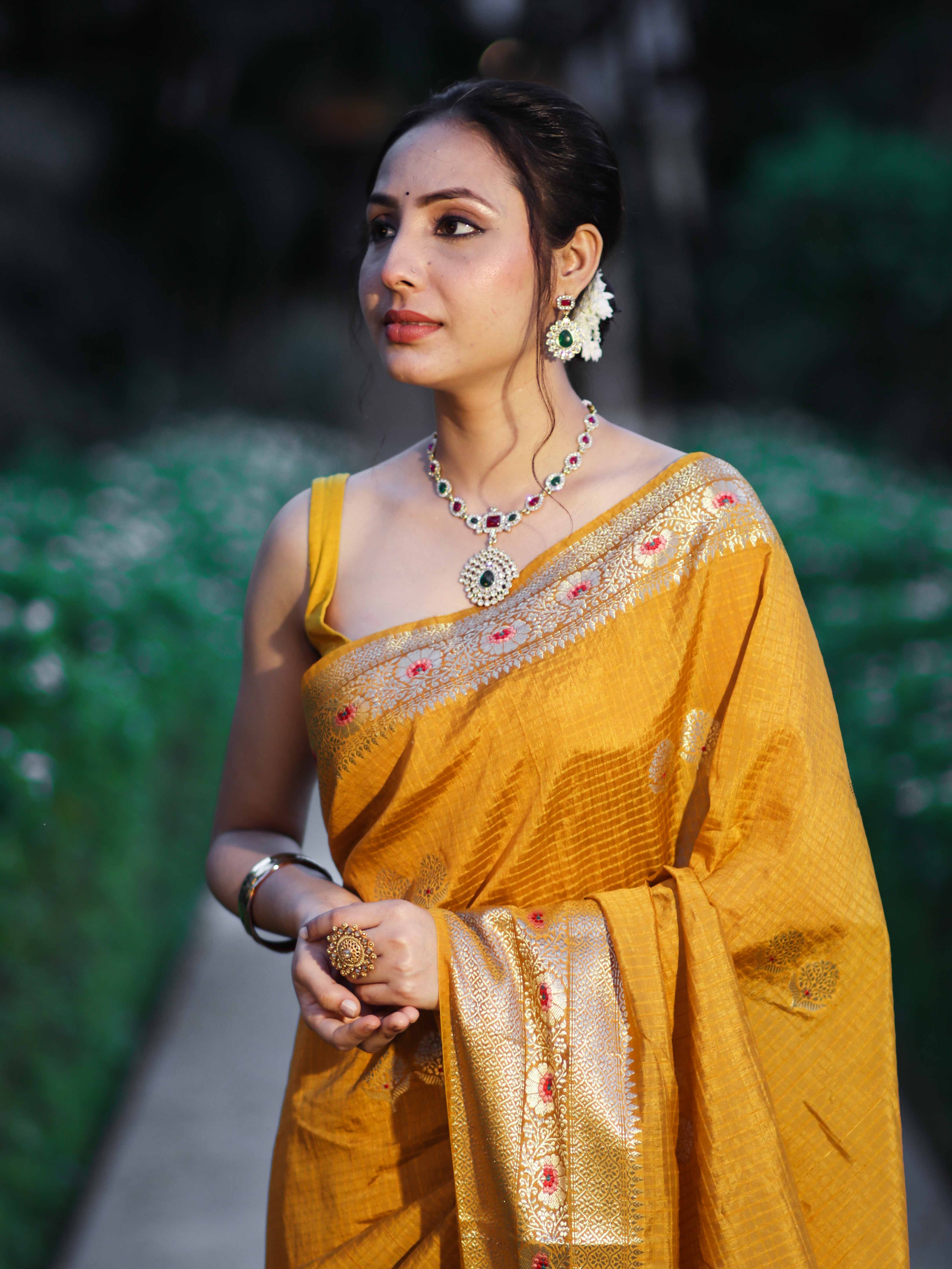 Banarasee Handloom Semi Dupion Silk Saree With Check Pattern Floral Buta Design & Border-Mustard Yellow