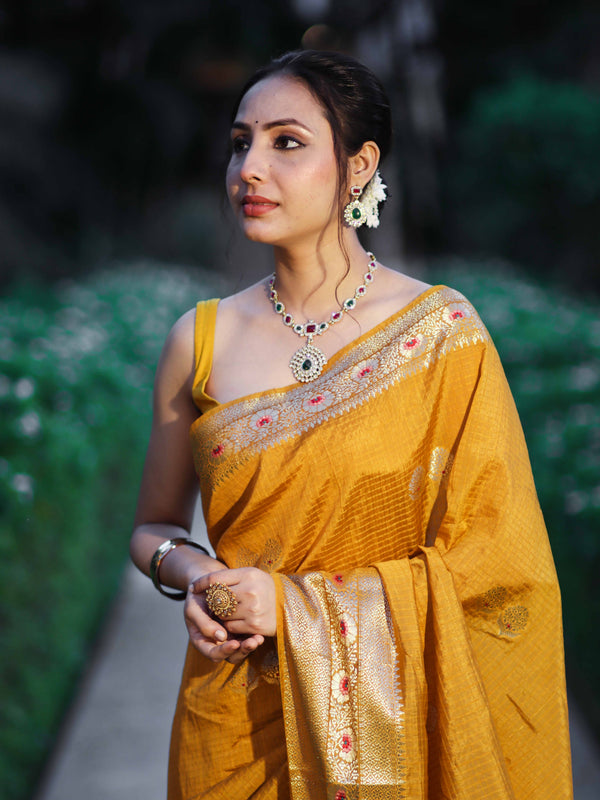 Banarasee Handloom Semi Dupion Silk Saree With Check Pattern Floral Buta Design & Border-Mustard Yellow
