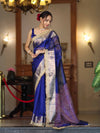 Banarasee Handloom Plain Tissue Saree With Resham Woven Pallu & Lace Border-Blue