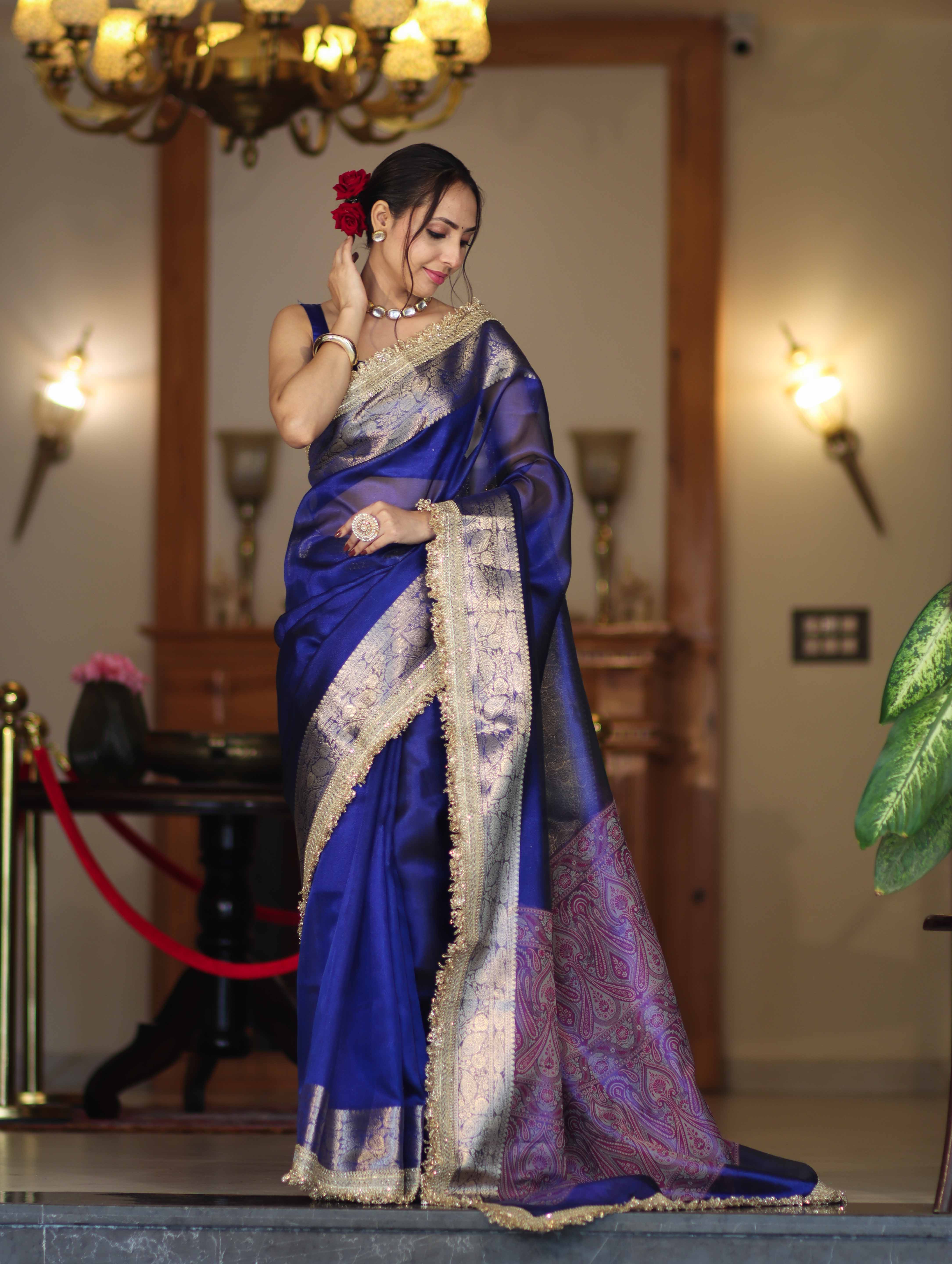 Banarasee Handloom Plain Tissue Saree With Resham Woven Pallu & Lace Border-Blue
