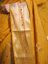 Banarasee Handloom Semi Dupion Silk Saree With Check Pattern Floral Buta Design & Border-Mustard Yellow