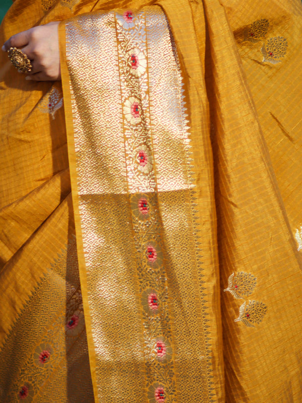Banarasee Handloom Semi Dupion Silk Saree With Check Pattern Floral Buta Design & Border-Mustard Yellow